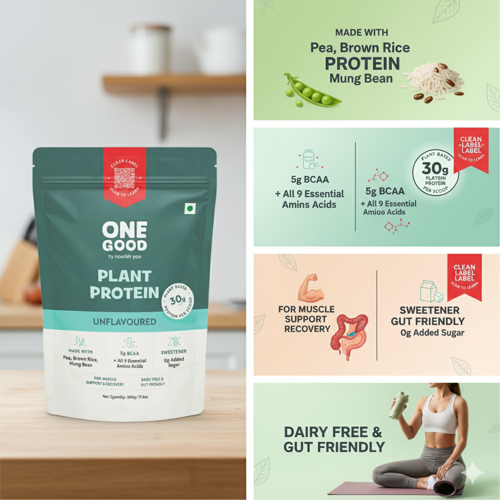 Nourish You Unflavoured Plant Protein Powder 500g | 30g Protein Per Serving | Pea, Brown Rice & Mung Bean Blend | Soy-Free, Dairy-Free, Gluten-Free | No Artificial Flavours or Sweeteners | Supports Muscle Growth