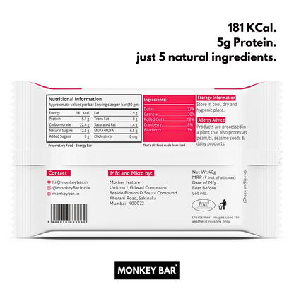 Monkey Bar VERY BERRY Energy Bars Pack of 10 (10X40g)