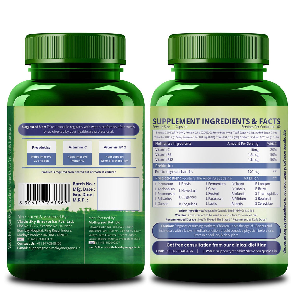 Vlado’s Himalayan Organics Probiotics Supplement 60 Billion CFU with 170mg Prebiotics & 24 Strains | Plant-Based Formula | 60 Veg Capsules
