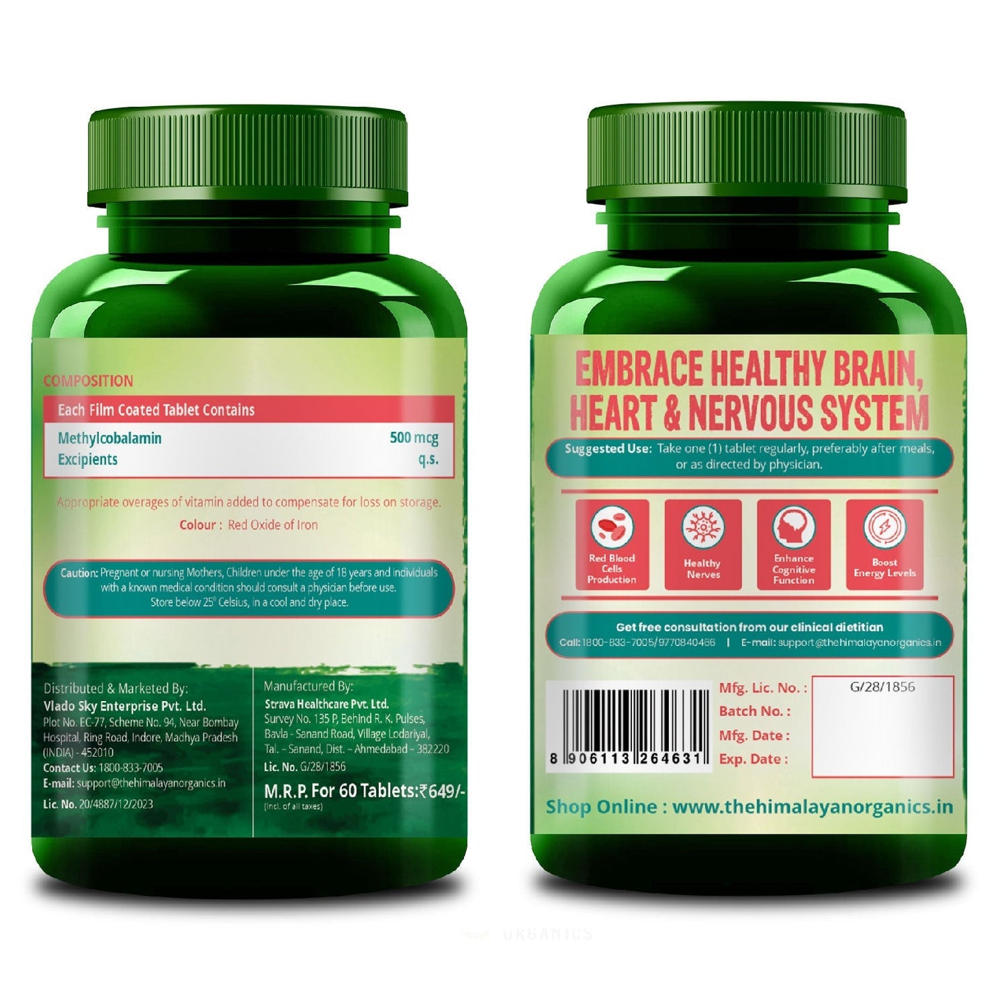 Vlado's Himalayan Organics Vitamin B12 Supplement 500 mcg | Methylcobalamin | Plant-Based | 60 Veg Tablets