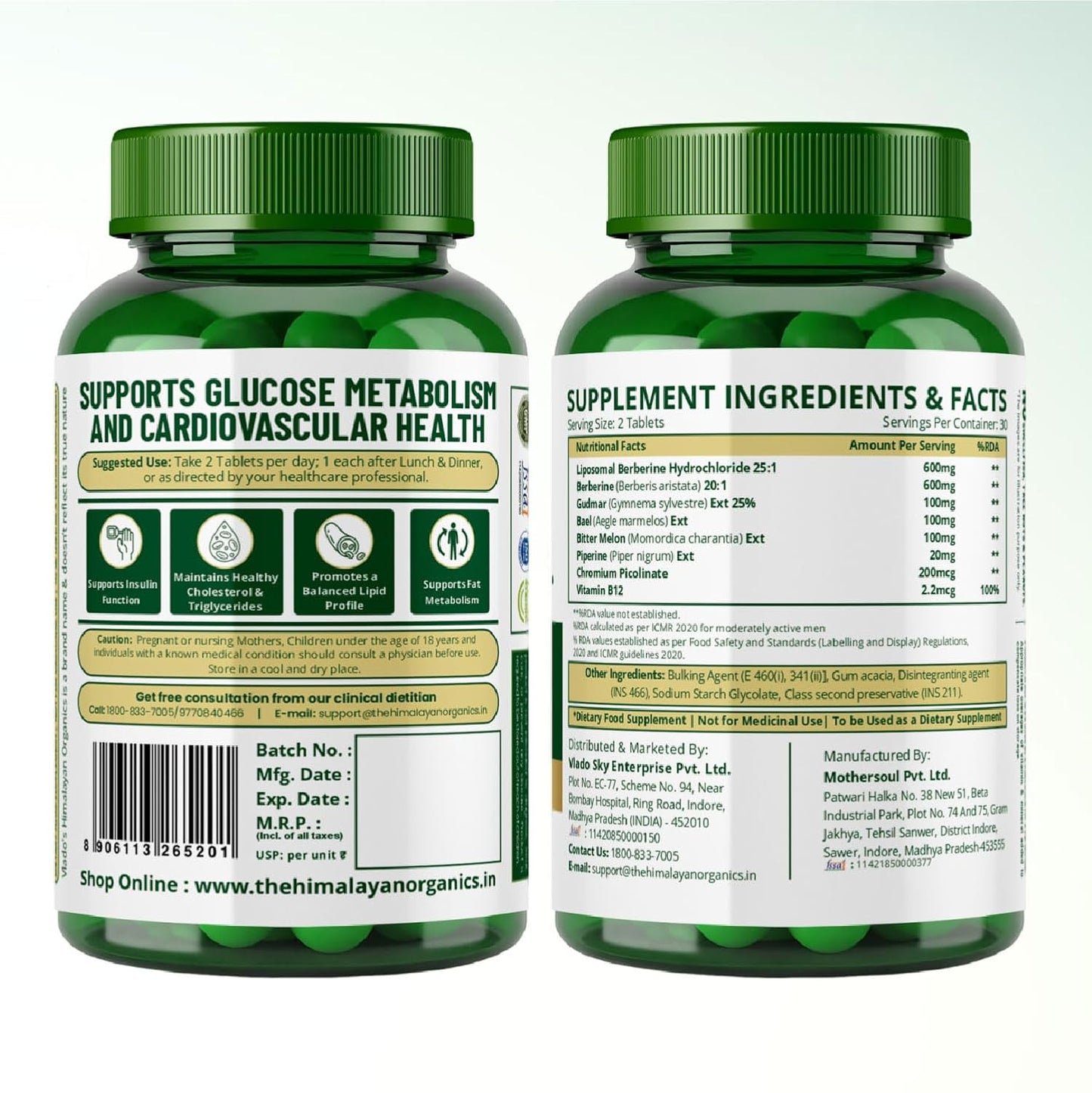 Vlado’s Himalayan Organics Liposomal Berberine HCL+ 1500 mg | With Piperine, Chromium, Bitter Melon, Bael & Gudmar | Advanced Herbal Blend | 60 Veg Tablets