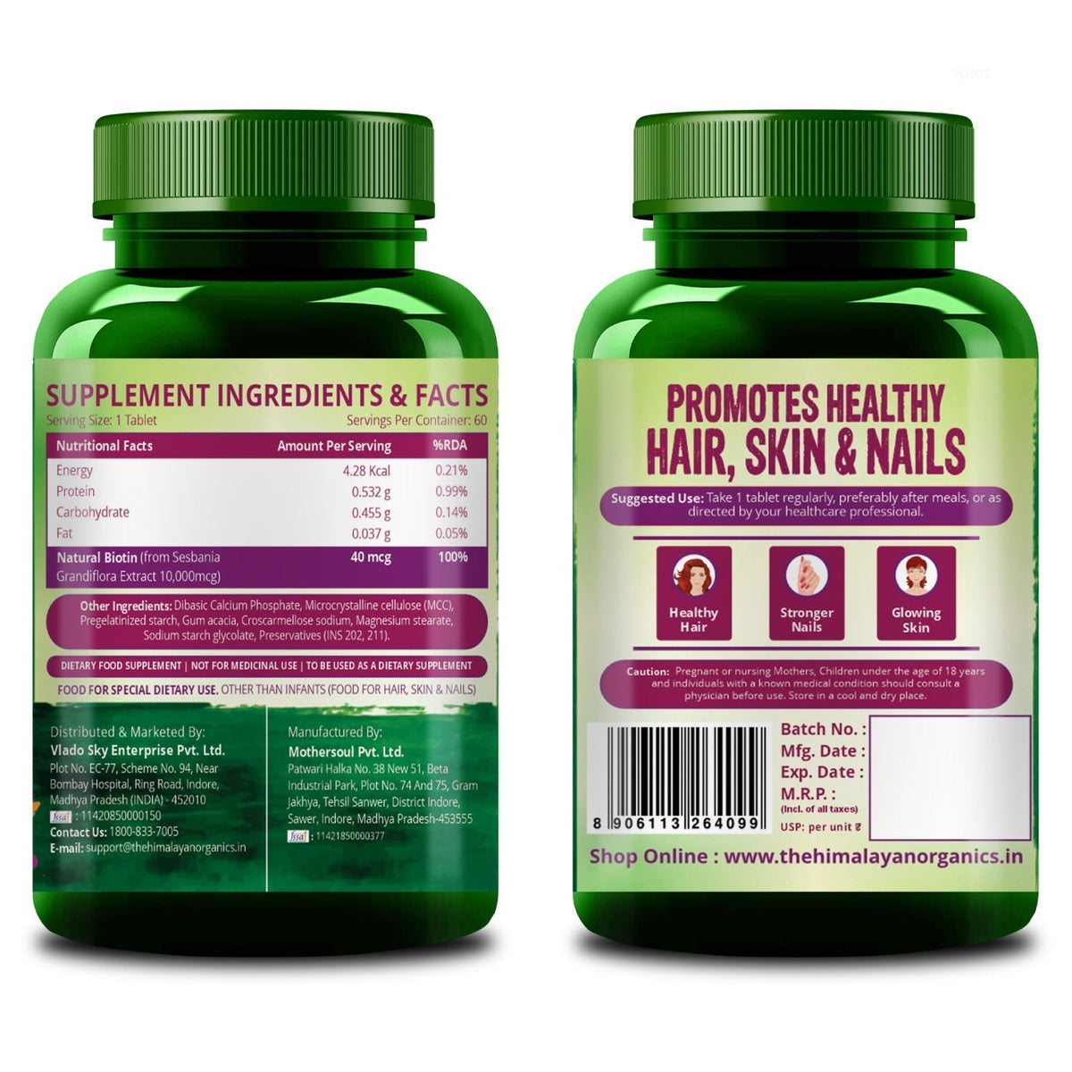 Vlado’s Himalayan Organics Biotin 10000 MCG Tablets | With Sesbania Grandiflora Extract | Biotin Supplement for Men & Women – 60 Veg Tablets