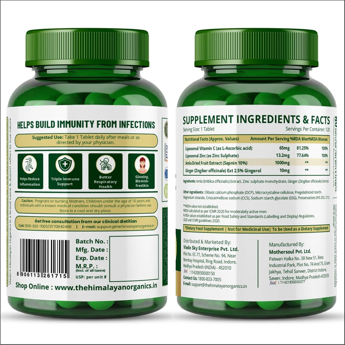 Vlado's Himalayan Organics Natural Liposomal Vitamin C Tablets | Amla Extract with Zinc | Liposomal Vitamin C Formula | 120 Veg Tablets