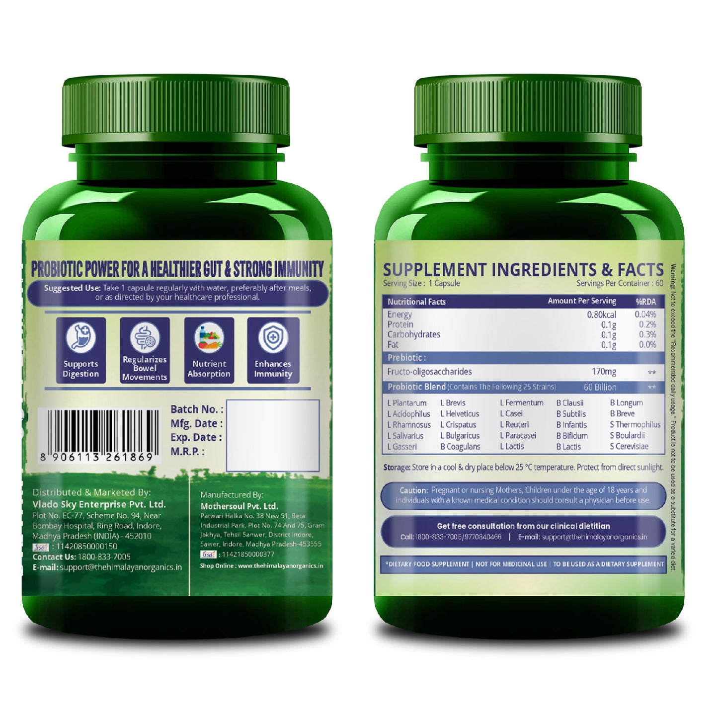 Vlado’s Himalayan Organics Probiotics Supplement 60 Billion CFU with 170mg Prebiotics & 24 Strains | Plant-Based Formula | 60 Veg Capsules