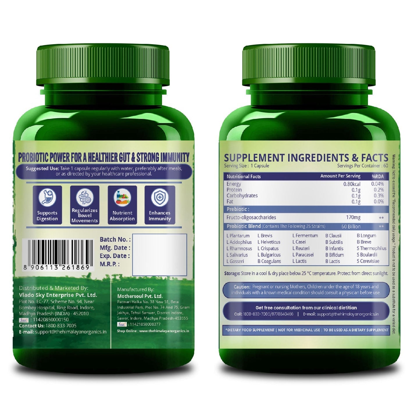Vlado’s Himalayan Organics Probiotics Supplement 60 Billion CFU with 170mg Prebiotics & 24 Strains | Plant-Based Formula | 60 Veg Capsules