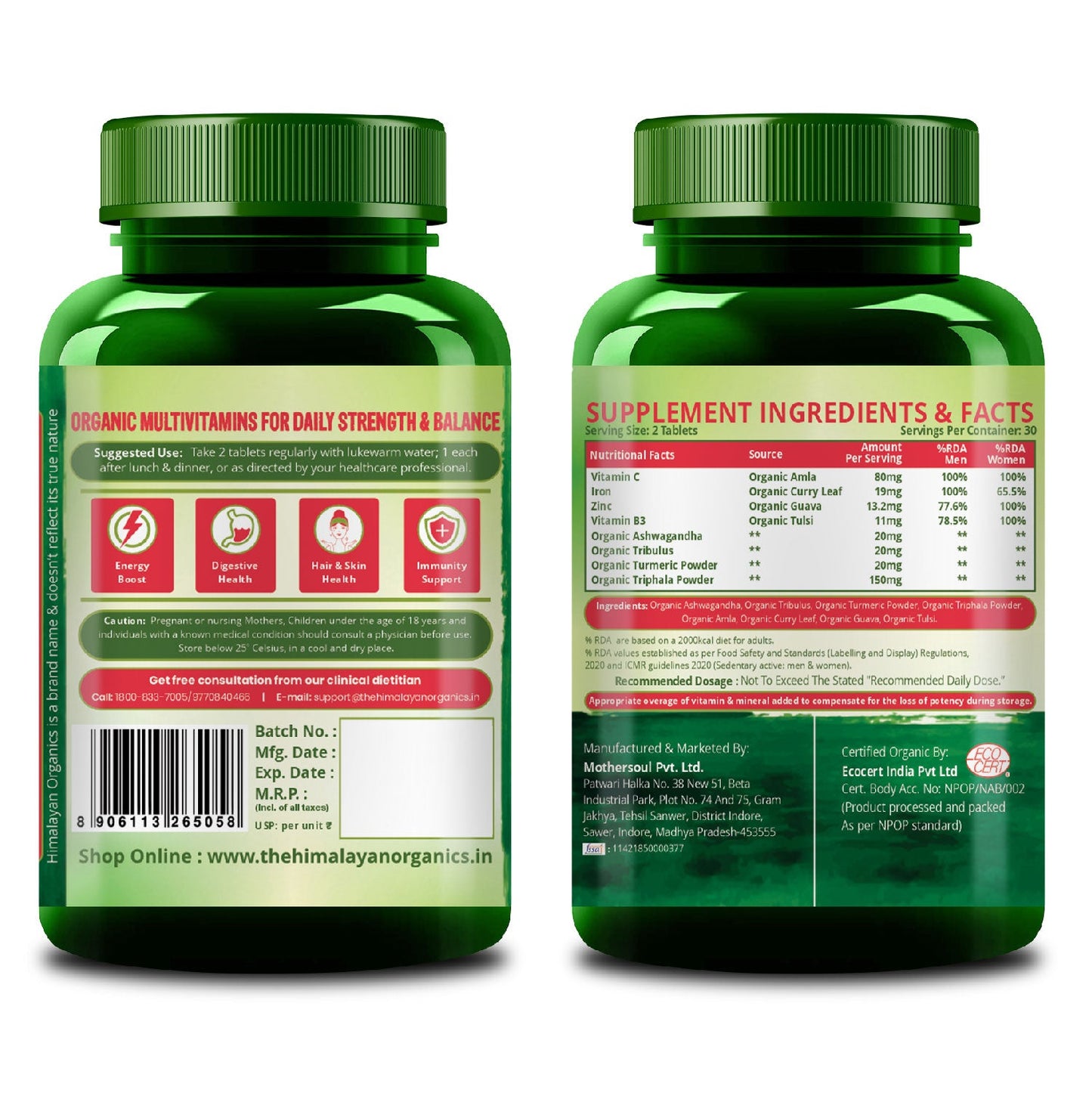 Vlado's Himalayan Organics Organic Multivitamins with Iron, Zinc, Vitamin B3 & C | With Ashwagandha, Tribulus & Turmeric | 100% Organic, Non-Synthetic | 60 Veg Tablets