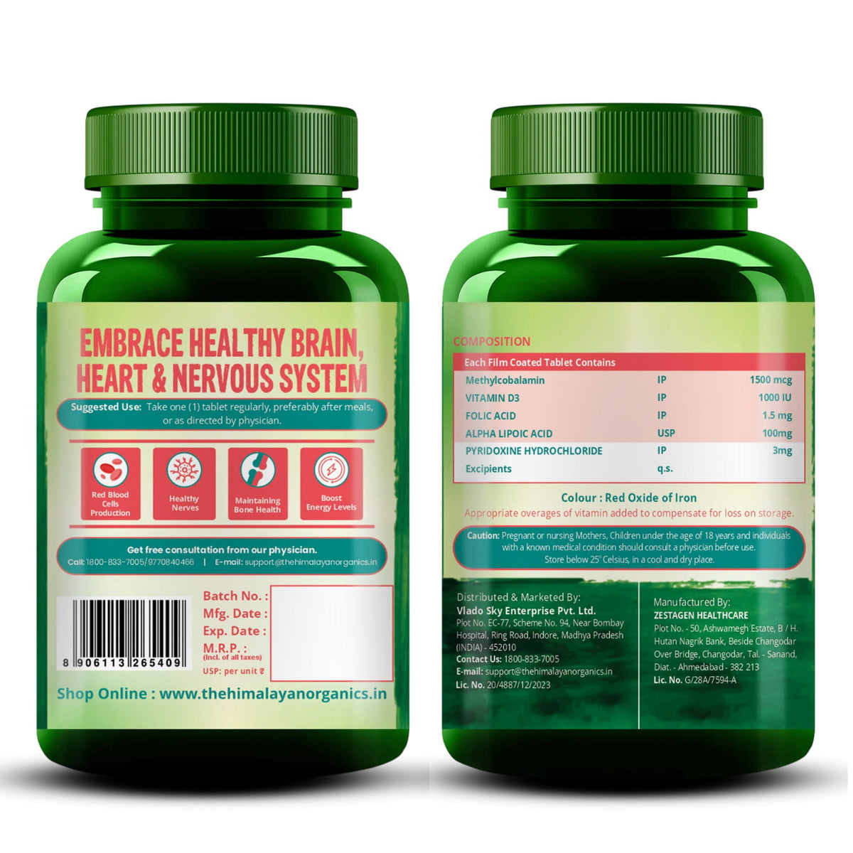 Vlado's Himalayan Organics Vitamin B12 1500 mcg with Vitamin D3 | Methylcobalamin, Alpha Lipoic Acid & Folic Acid | Dietary Supplement for Men & Women | 60 Tablets