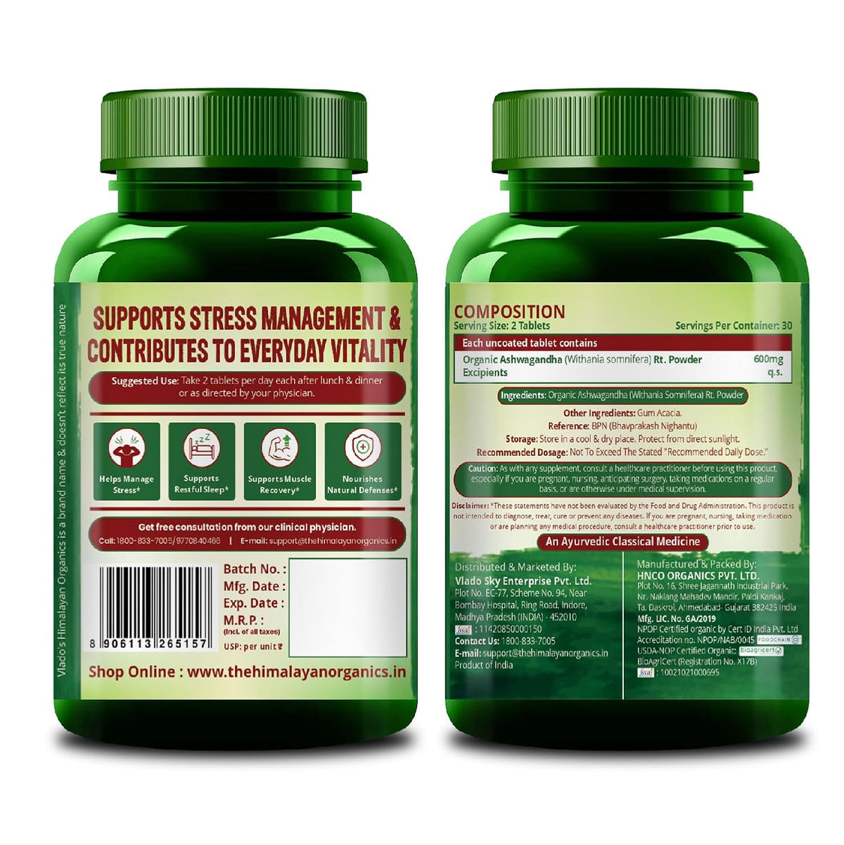 Vlado’s Himalayan Organics Organic Ashwagandha Tablets | 1200 mg High-Potency Root Extract | Pure Ayurvedic Formula | 60 Tablets