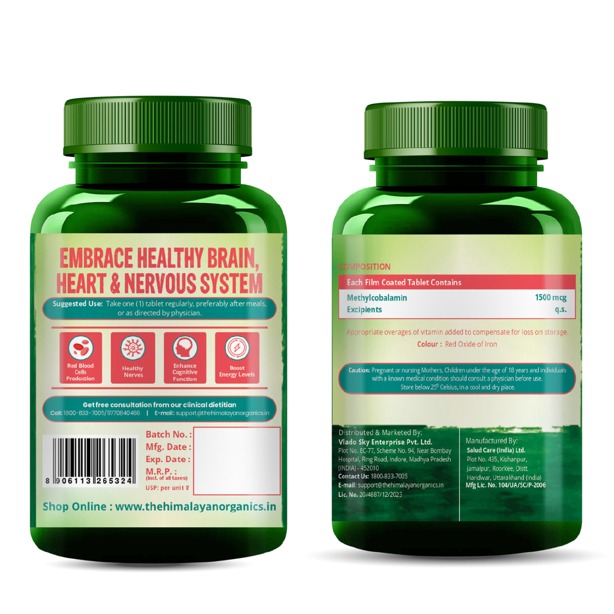Vlado's Himalayan Organics Methylcobalamin Vitamin B12 Tablets 1500 mcg | 120 Vegetarian Tablets | 4 Months Supply