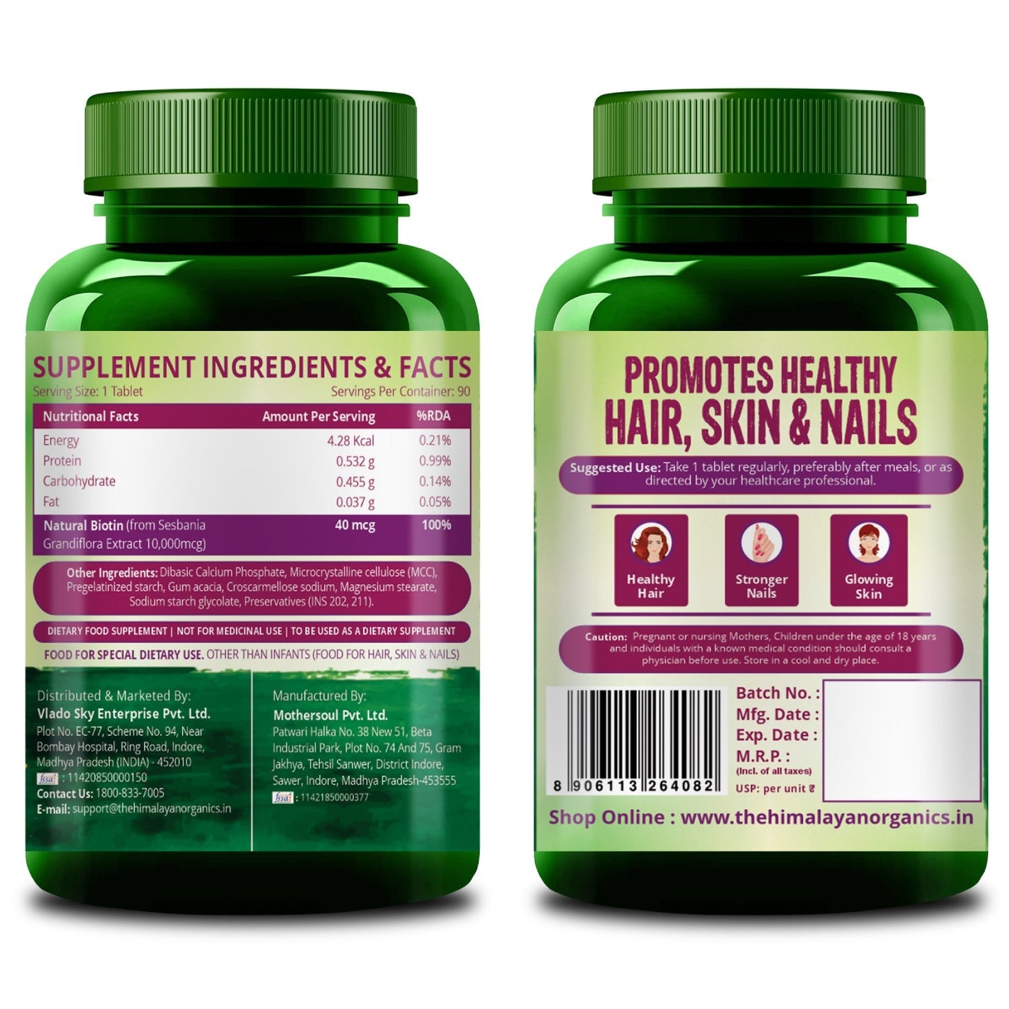 Vlado’s Himalayan Organics Biotin 10000 MCG Tablets | With Sesbania Grandiflora Extract | Biotin Supplement for Men & Women – 90 Veg Tablets