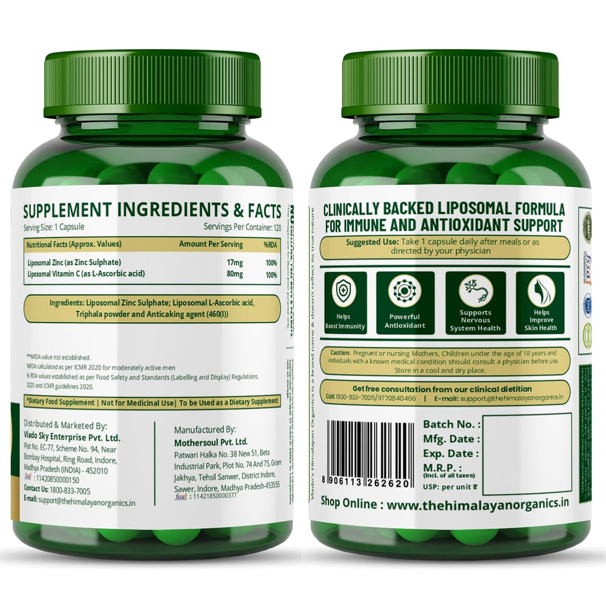 Vlado’s Himalayan Organics Liposomal Zinc with Vitamin C for Daily Nutrition – 120 Veg Capsules