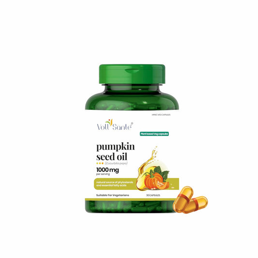 Voll Sante Pumpkin Seed Oil Capsule-1000 mg Per Serving | HPMC Plant-Based Veg Capsules | Non-GMO | Cold-Pressed | Ayurvedic | Dietary Supplement | Natural Source of Omega 6 & 9 Essential Fatty Acids | 30 Veg Capsule