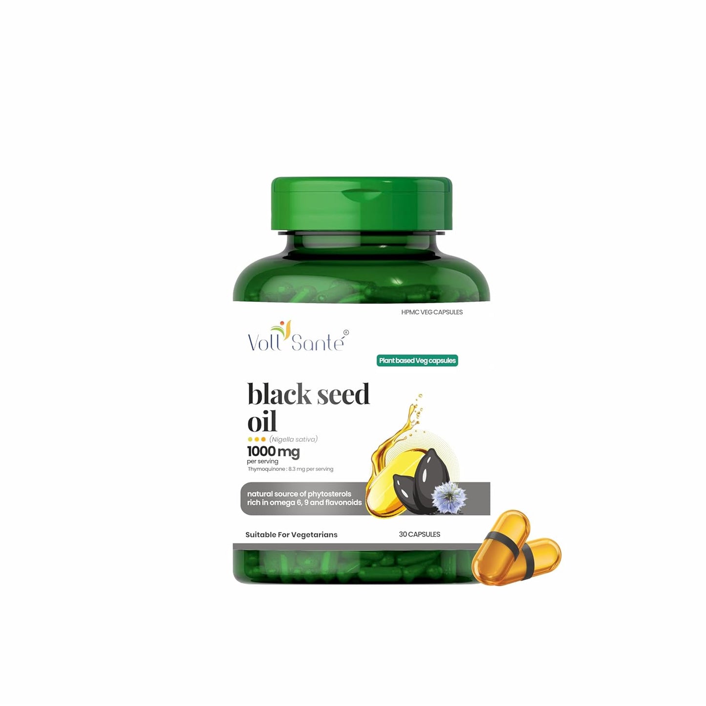 Voll Sante Black Seed Oil Capsule-1000 mg Per Serving | Nigella Sativa Seed Oil With Thymoquinone 8.3 mg Per Serving | HPMC Plant-based Veg Capsule | Ayurvedic | Dietary Supplement | Non-GMO | 30 Capsules