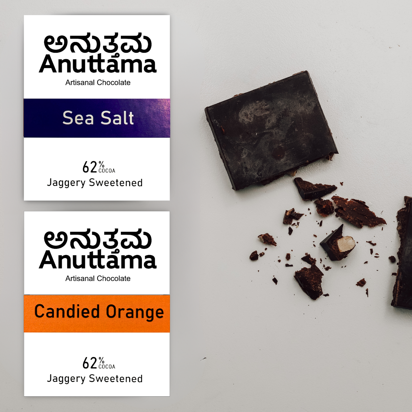 ANUTTAMA Dark Chocolate Pack-3 | 62% Cocoa | Chocolate Gift For Valentine | Hot Mint+Sea Salt+Candied Orange | Mini Chocolate Bar 50 & 20gm