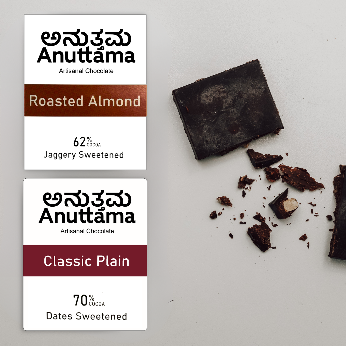 ANUTTAMA Dark Chocolate Pack of 3 | 62%&70% Cocoa | Chocolate Gift for Valentine's Day  | Spicy Tang+Classic Plain+Roasted Almond | Mini Chocolate Bar 50 & 20gm