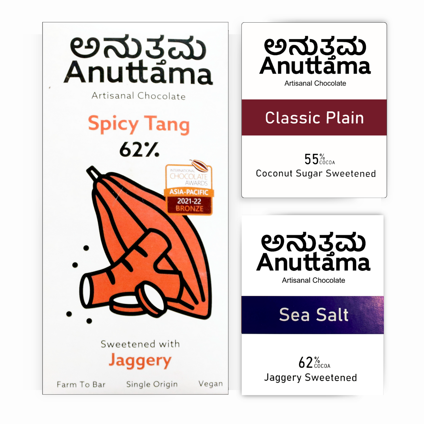 ANUTTAMA Dark Chocolate Pack of 3 | 62%&70% Cocoa | Chocolate Gift for Valentine's Day | Spicy Tang+Classic Plain+Roasted Almond | Mini Chocolate Bar 50 & 20gm