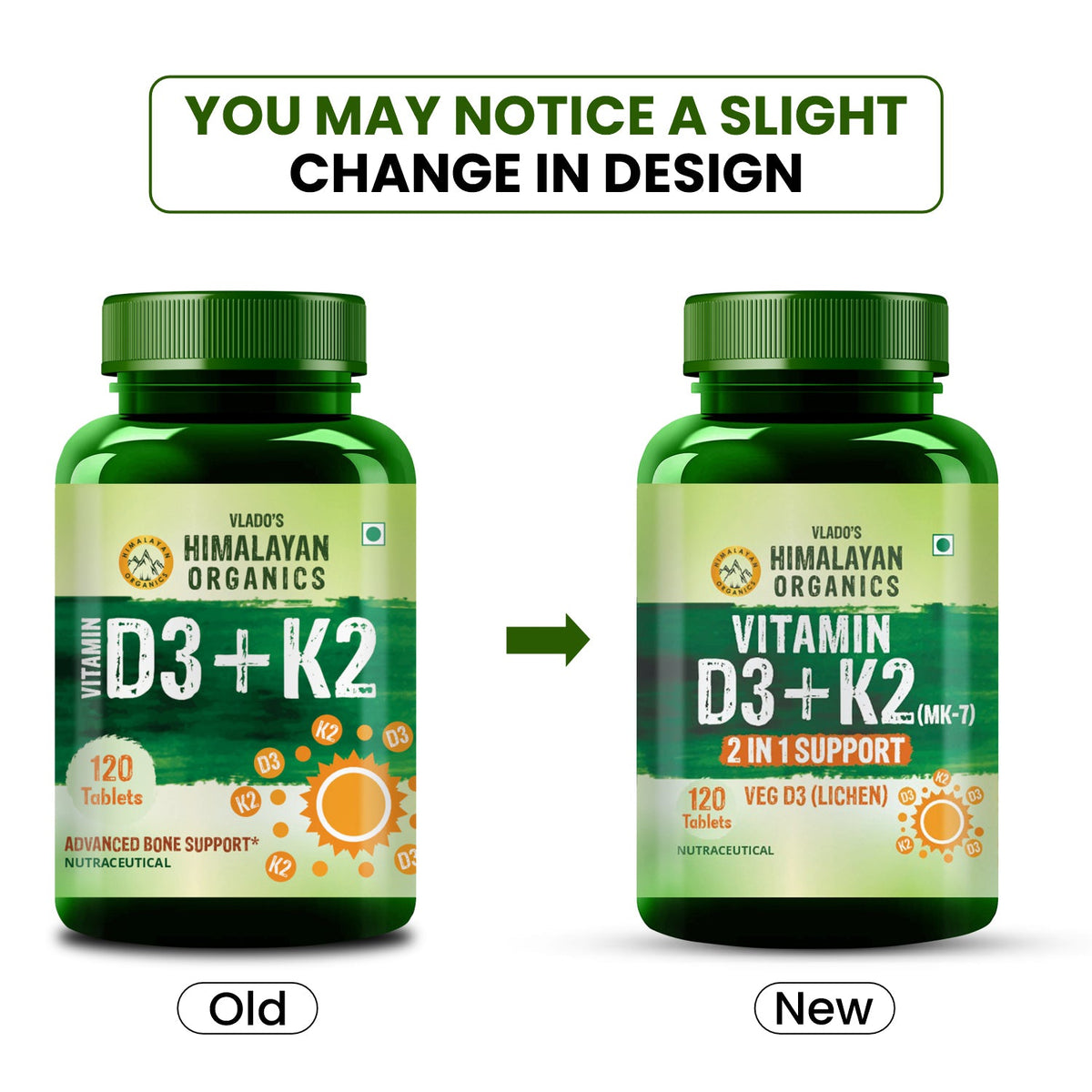 Vlado's Himalayan Organics Vitamin D3 with K2 As MK7 Supplement - 120 Veg Tablets