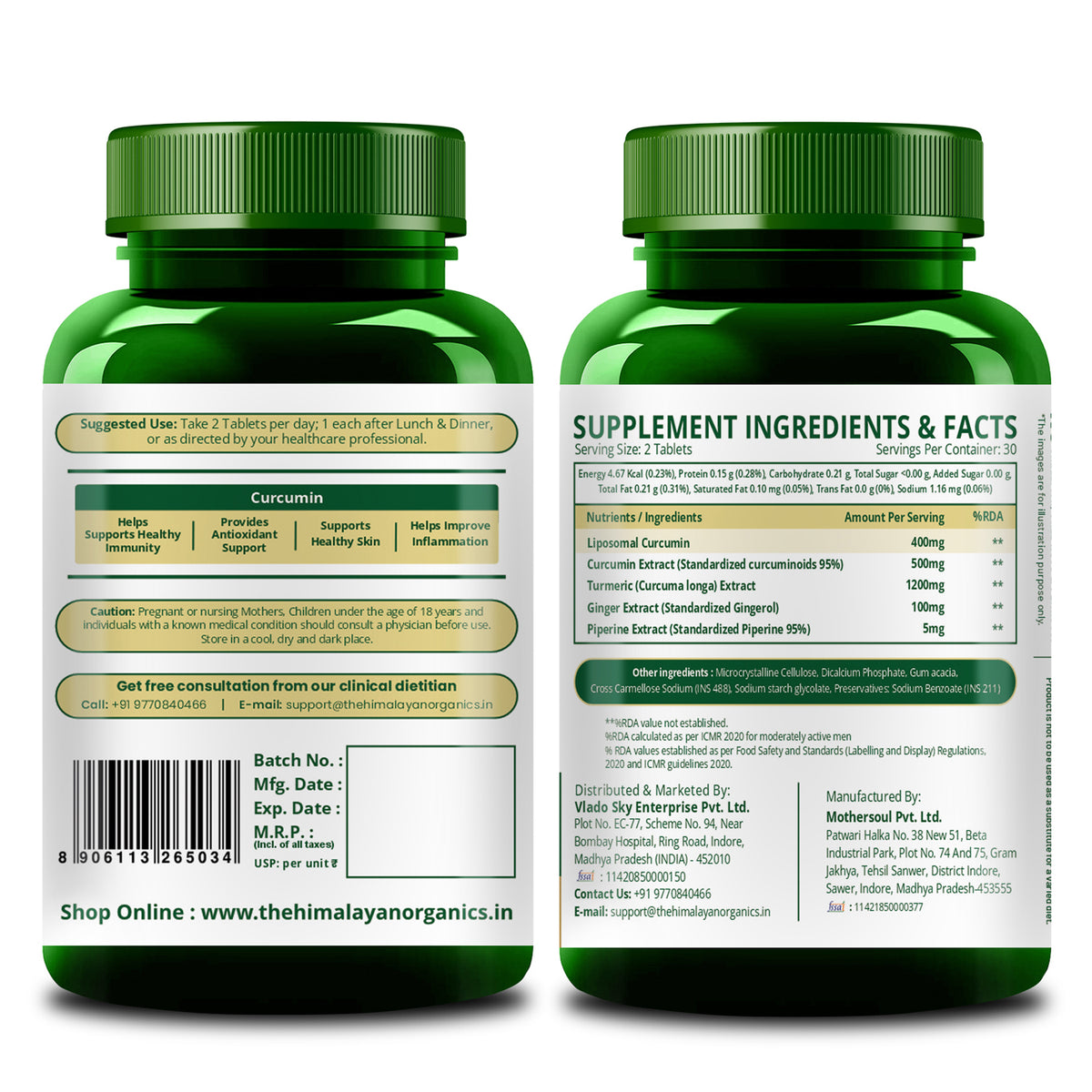 Vlado’s Himalayan Organics Liposomal Curcumin 2200 mg+ with BioPerine & Herbal Extracts – 60 Vegetarian Tablets