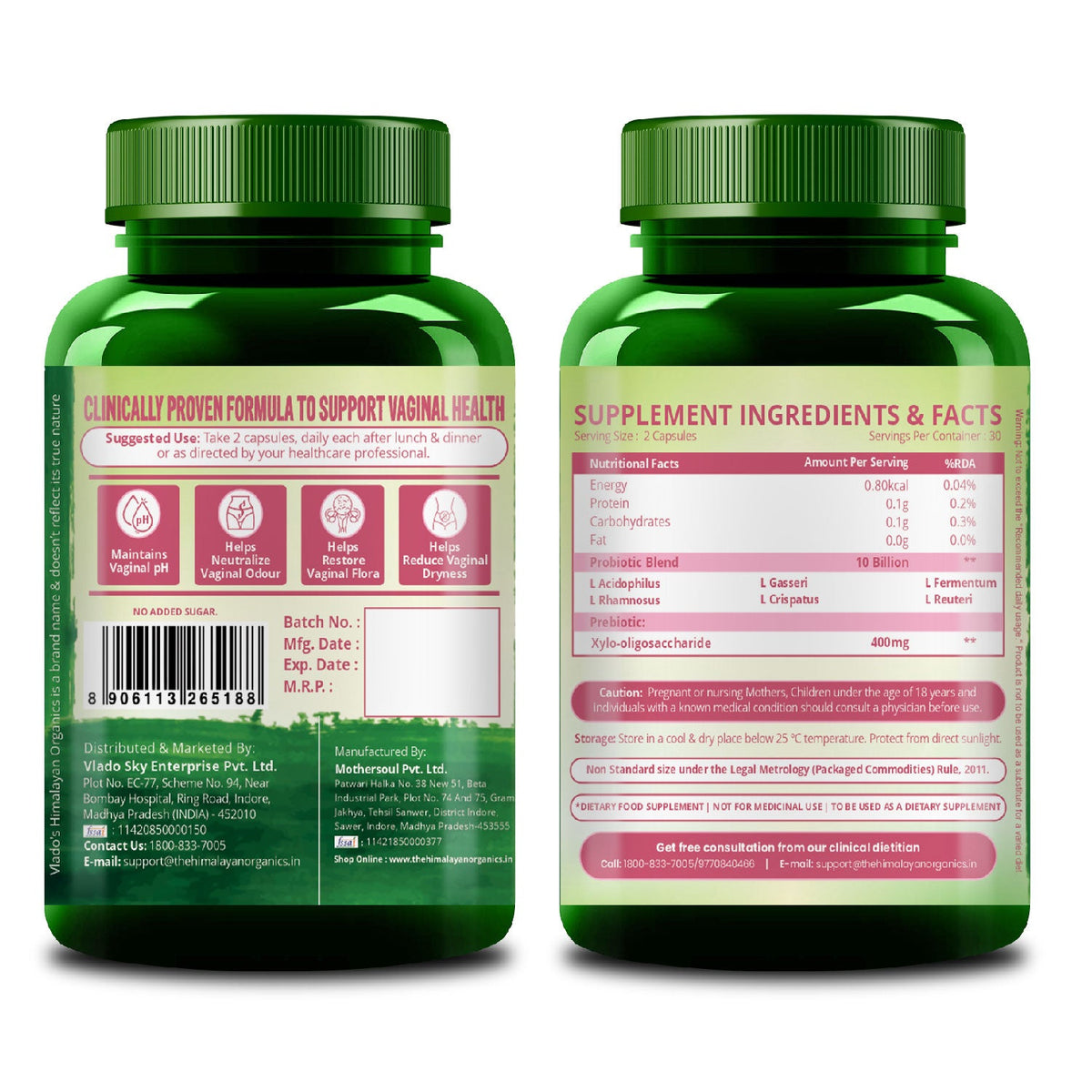 Vlado’s Himalayan Organics Vaginal Probiotics for Women | With Lactobacillus & Prebiotics | Supports Intimate pH Balance | 10 Billion CFU | 60 Veg Capsules