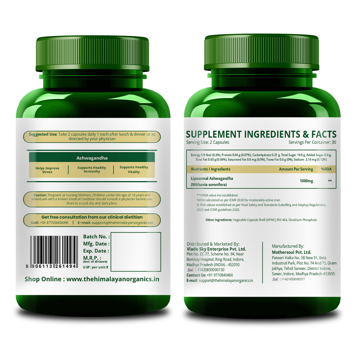 Vlado's Himalayan Organics Liposomal Ashwagandha 1000mg per Serving | Ashwagandha Root Extract | 60 Veg Capsules