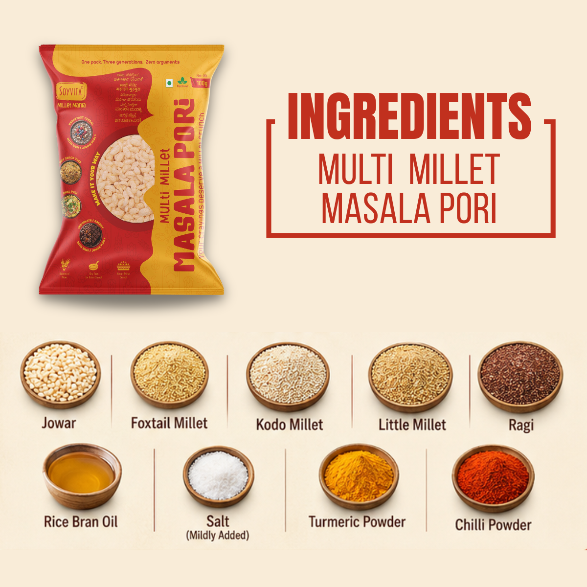 Multi Millet Masala Pori | Smart Crunch with 5 Millets | Anytime Snack | 100 Gms | Pack of 3