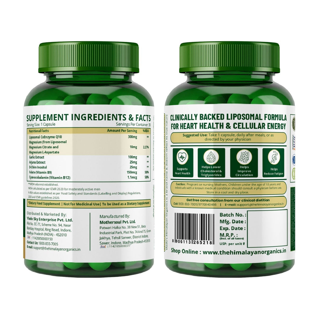 Vlado's Himalayan Organics Liposomal Coenzyme Q10 300mg+ with Magnesium, Vitamin B9 & B12, D-Chiro-Inositol, Garlic, Arjuna & Methyl Folate | High Absorption CoQ10 Ubiquinol Formula – 30 Capsules