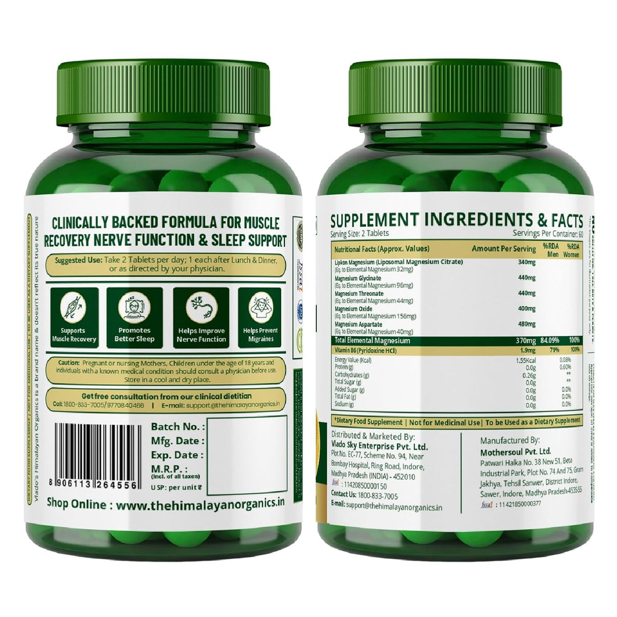 Vlado’s Himalayan Organics 5X Strength Liposomal Magnesium 2100mg+ with Magnesium Glycinate, Citrate, Oxide, Threonate & Aspartate | Triple Magnesium Complex | 120 Veg Tablets