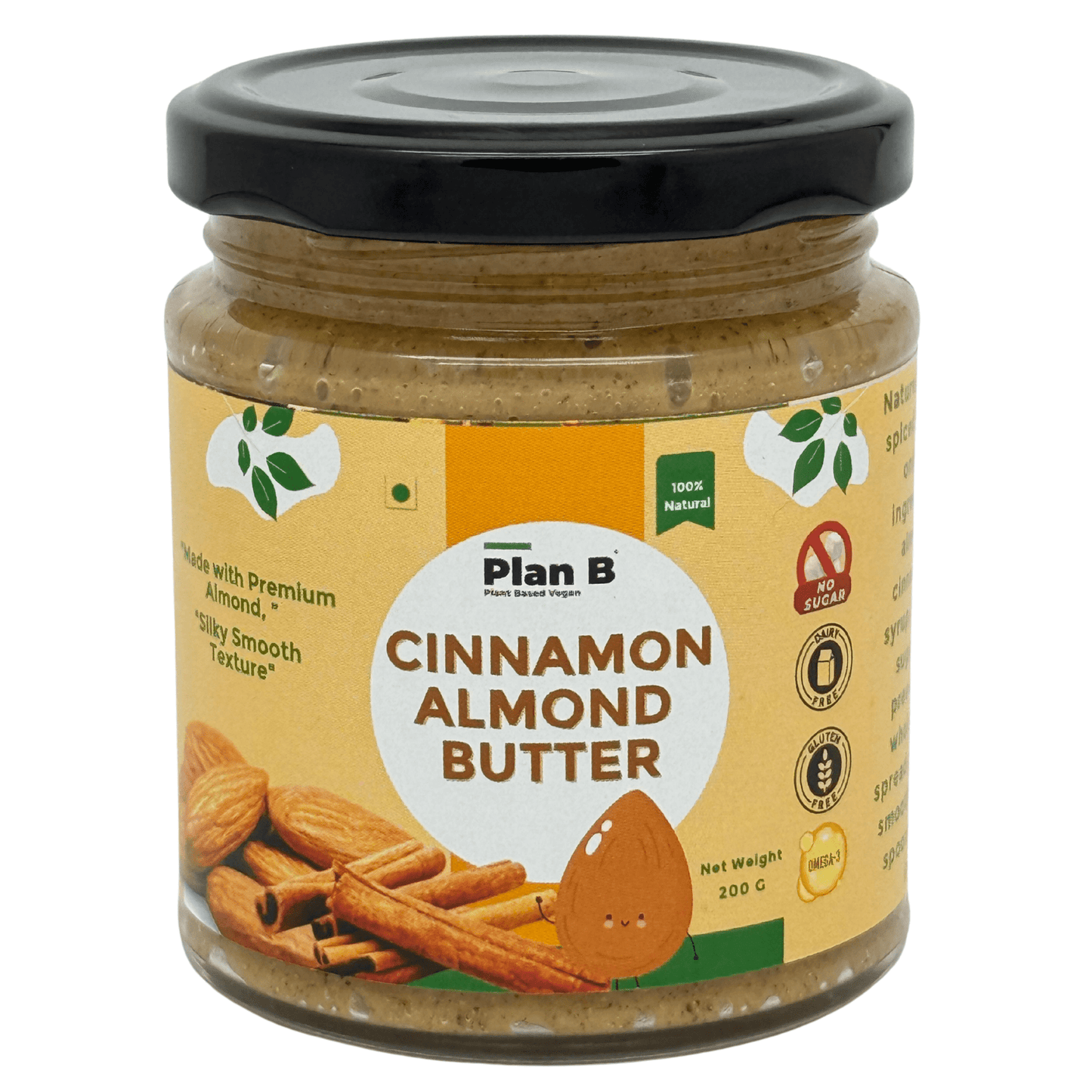 Plan B Cinnamon Almond Butter | Creamy, Spiced Vegan Nut Butter | No Added Sugar, Gluten-Free, High Protein | 100% Natural Roasted Almonds with Cinnamon | Dairy-Free Healthy Spread | 200g Jar