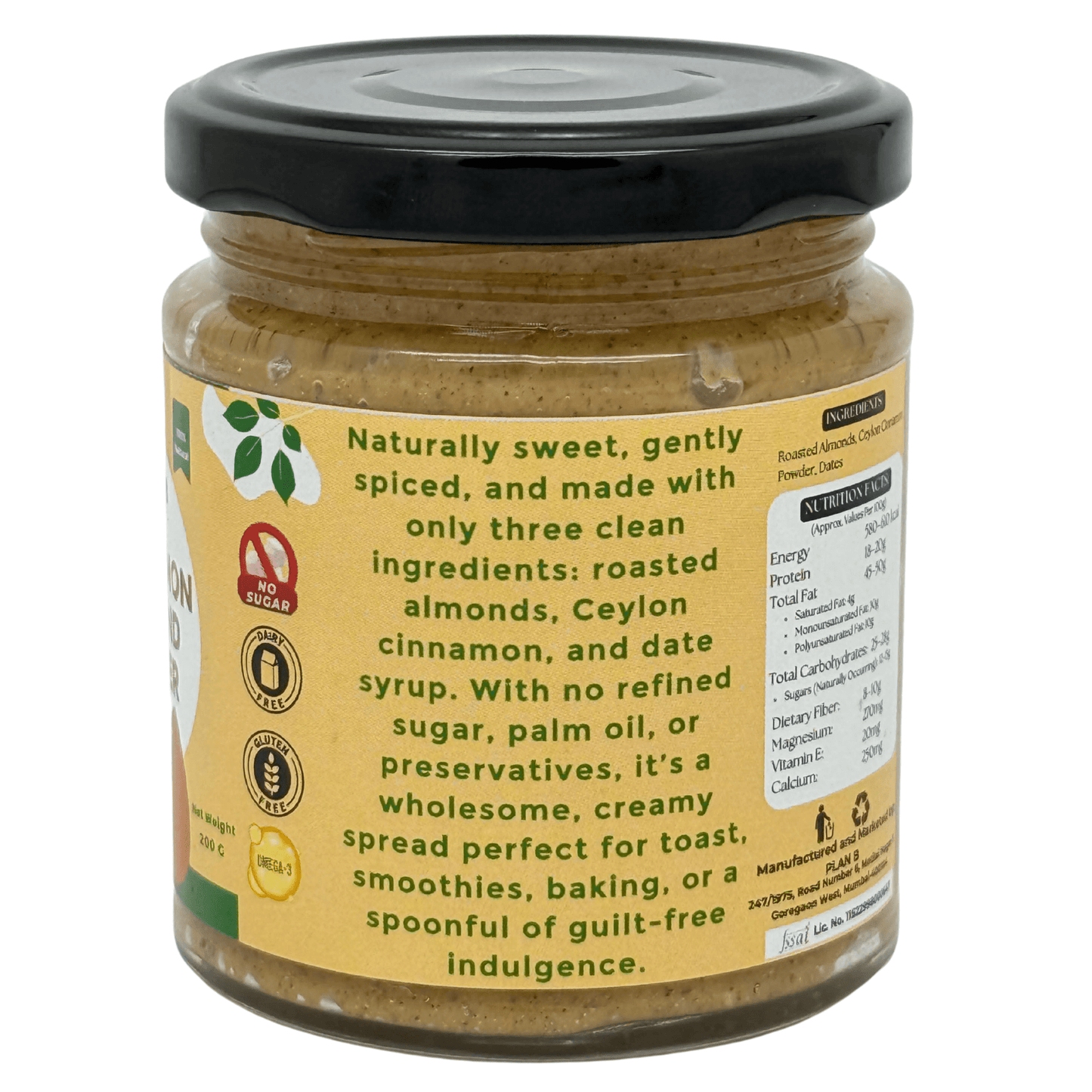 Plan B Cinnamon Almond Butter | Creamy, Spiced Vegan Nut Butter | No Added Sugar, Gluten-Free, High Protein | 100% Natural Roasted Almonds with Cinnamon | Dairy-Free Healthy Spread | 200g Jar