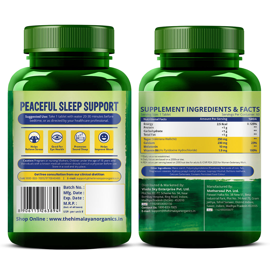 Vlado's Himalayan Organics Melatonin 10mg + Tagar 250mg Supplement with Vitamin B6 & Calcium | Non-Habit Forming | 60 Veg Tablets