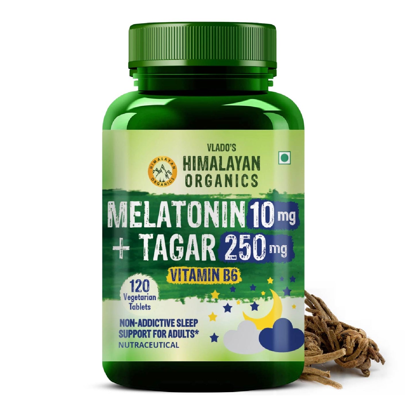 Vlado's Himalayan Organics Melatonin 10mg + Tagar 250mg | With Vitamin B6 & Calcium | Non-Habit Forming | 120 Veg Tablets