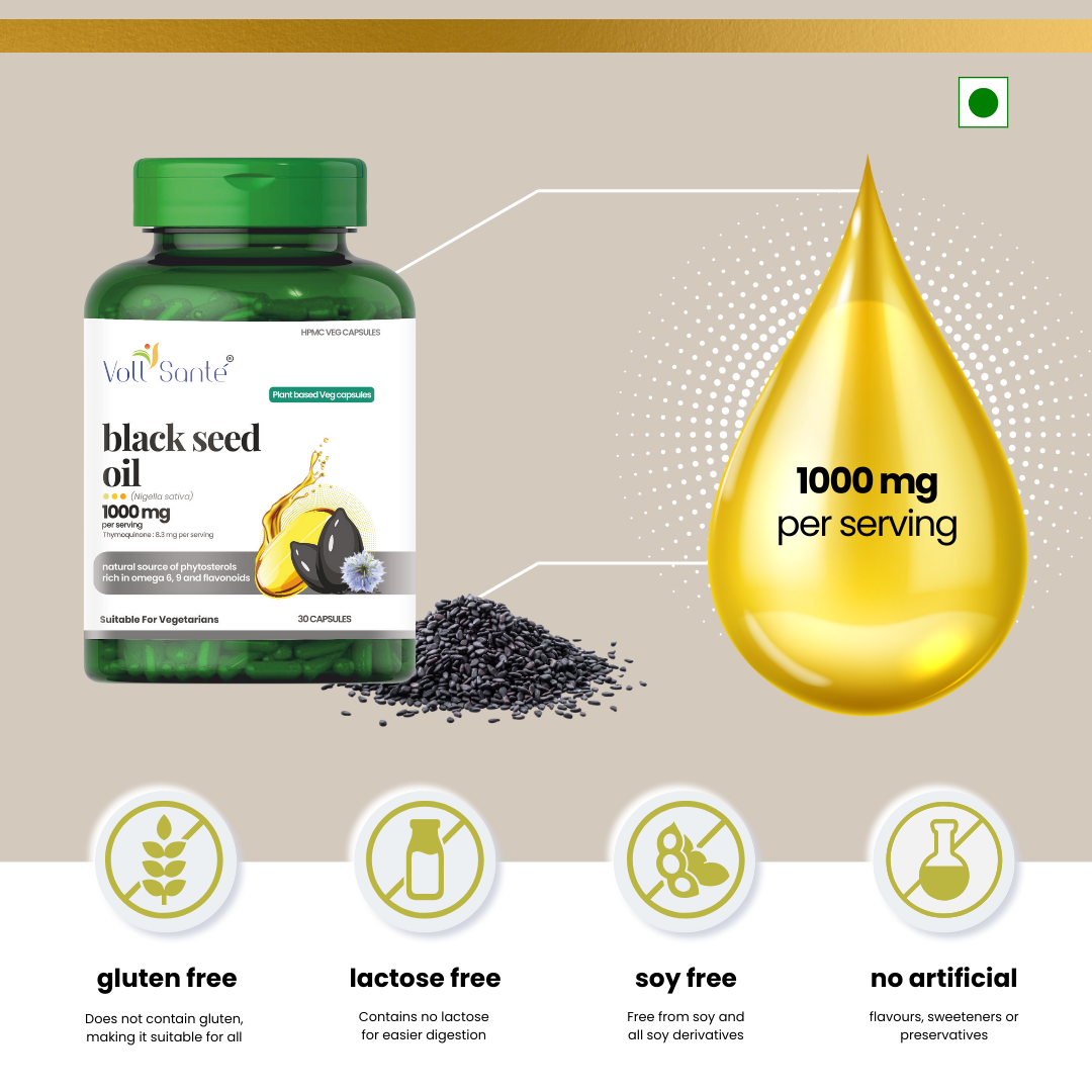 Voll Sante Black Seed Oil Capsule-1000 mg Per Serving | Nigella Sativa Seed Oil With Thymoquinone 8.3 mg Per Serving | HPMC Plant-based Veg Capsule | Ayurvedic | Dietary Supplement | Non-GMO | 30 Capsules