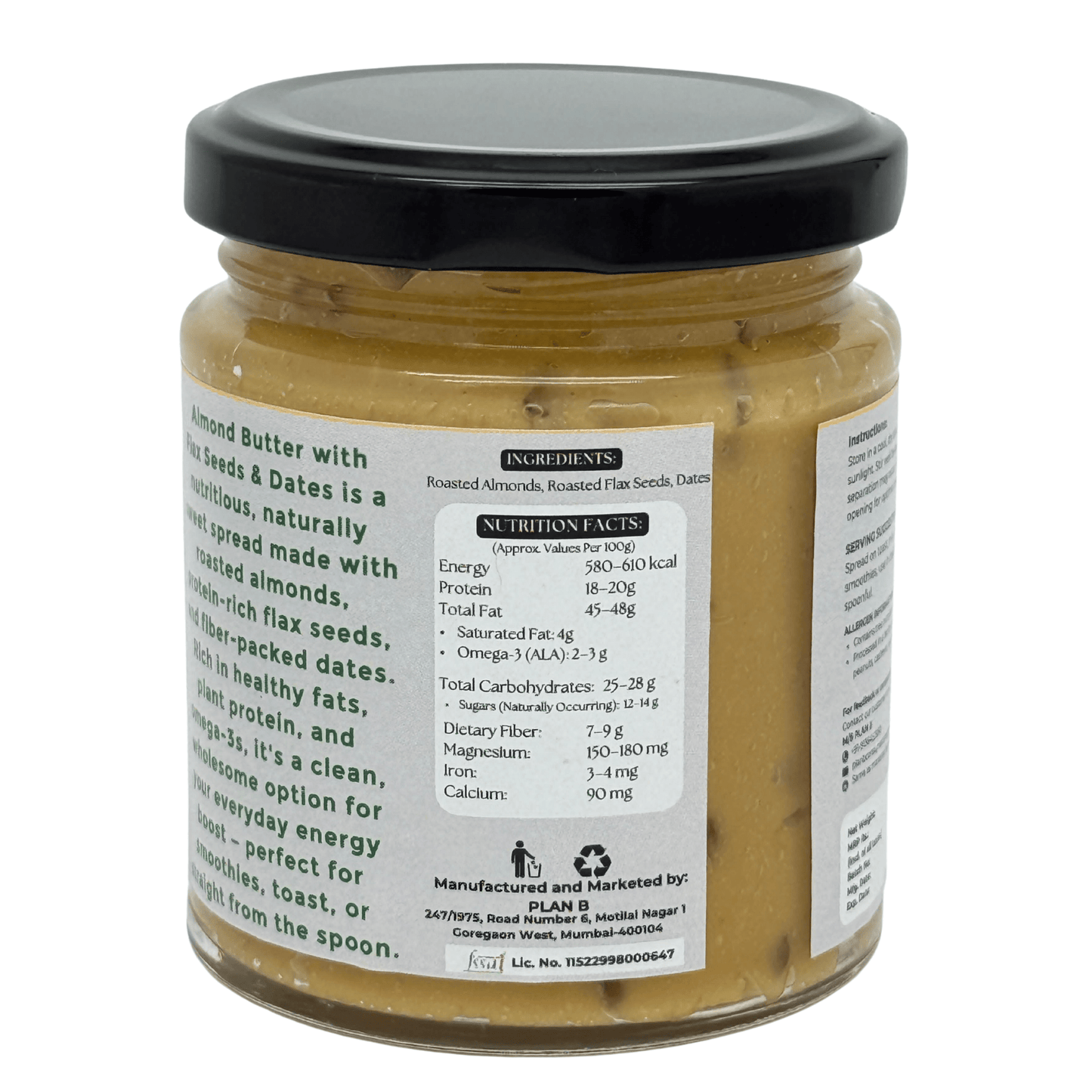 Plan B Almond Butter with Flax Seeds & Dates | Natural Sweetened Vegan Nut Butter | High Protein, Omega-3 Rich | No Added Sugar, Gluten-Free, Dairy-Free | Healthy Spread for Energy & Immunity | 200g