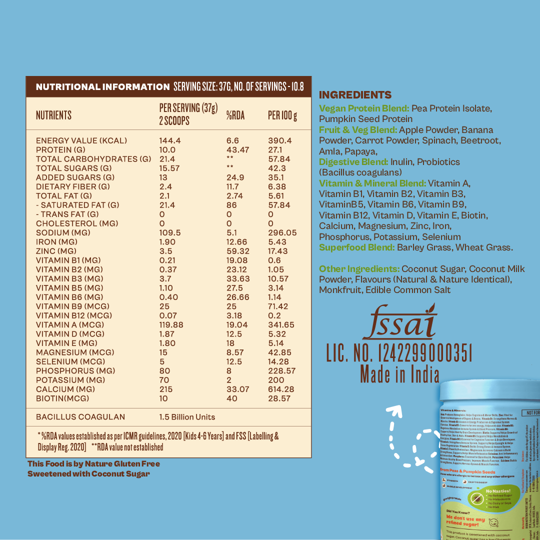 Origin Nutrition Vegan Multi Nutritional, Vanilla drink for kids with 10gm Plant-Based Protein, 7 fruits and vegetables, 18 minerals and vitamins. Gluten Free, Soy Free, Dairy Free, No Added Sugar, Soy Free, Non - GMO, ages 8-12, 400g