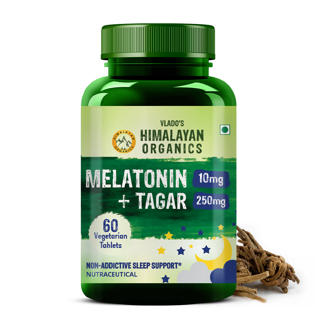 Vlado's Himalayan Organics Melatonin 10mg + Tagar 250mg Supplement with Vitamin B6 & Calcium | Non-Habit Forming | 60 Veg Tablets