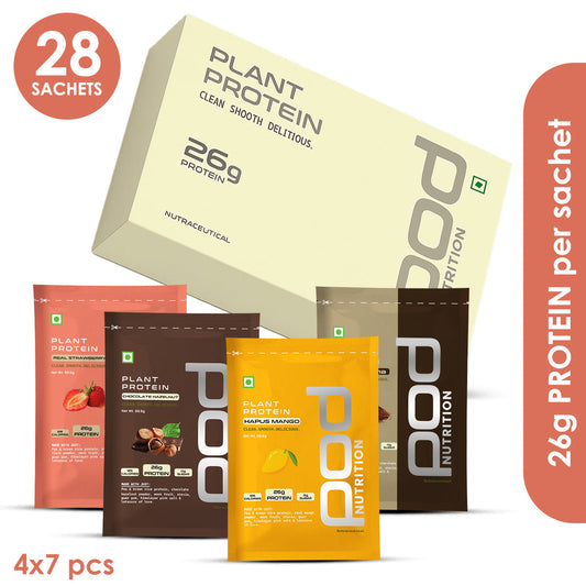 POD NUTRITION Pea Protein Isolate Powder | Vegan Plant Protein, No Added Sugar, Dairy Free| Clean & Easy to Digest with Essential Amino Acids (Assorted Sachet Pack of 28)