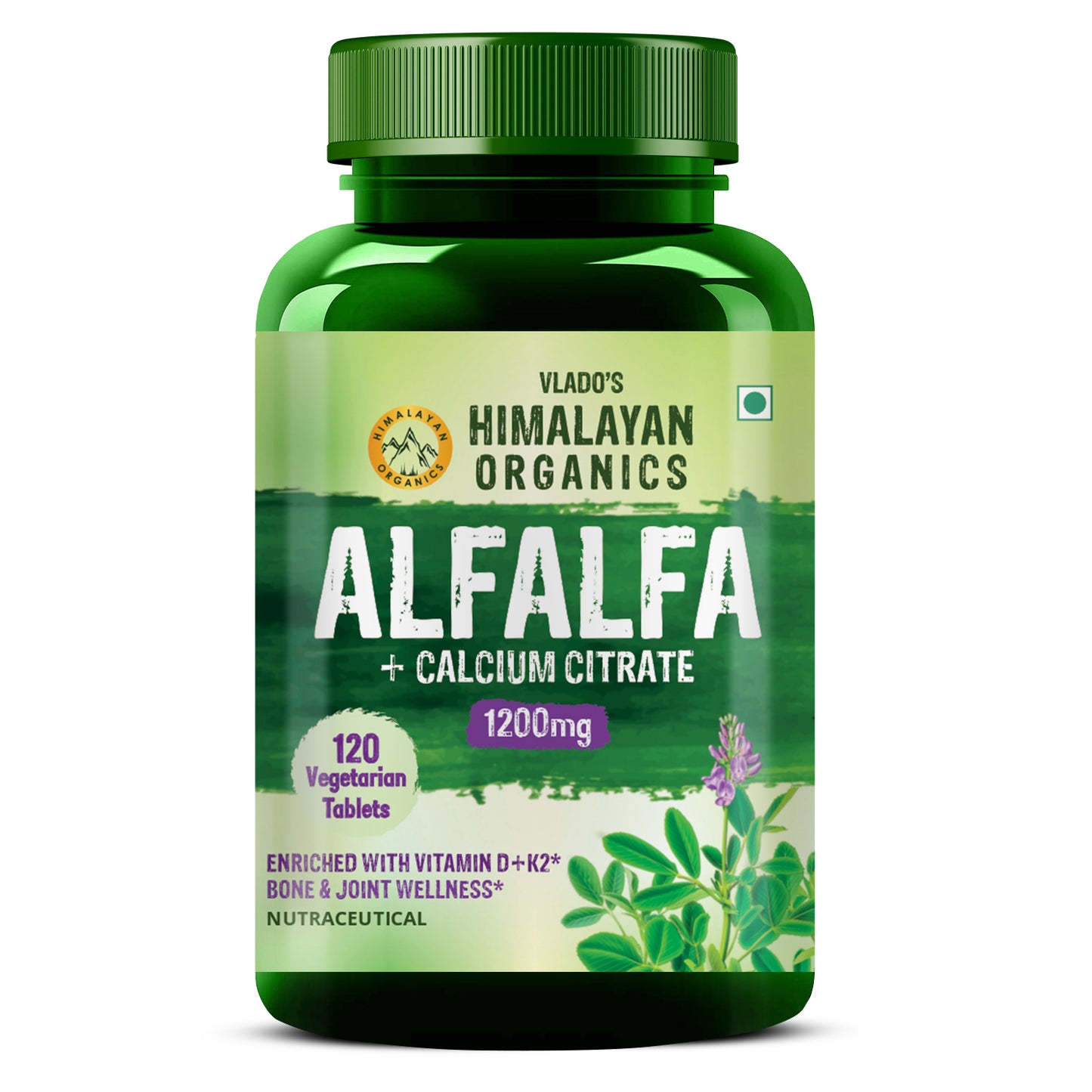 Vlado's Himalayan Organics Alfalfa Calcium Citrate Malate 1200mg with Vitamin D, K2, MK-7, B12, Zinc & Magnesium - 120 Veg Tablets