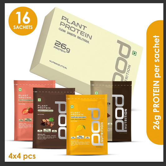 POD NUTRITION Pea Protein Isolate Powder | Vegan Plant Protein, No Added Sugar, Dairy Free| Clean & Easy to Digest with Essential Amino Acids (Assorted Sachet Pack of 16)