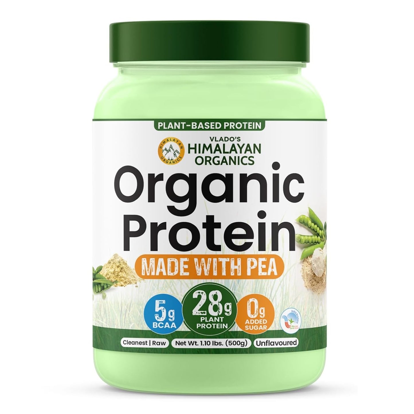 Vlado Himalayan Organics Plant-Based Protein Powder | 100% Organic Pea Protein | 28g Protein, 5g BCAA per Serving | Clean, Vegan, Fast-Absorbing | No Bloating, Easy to Digest | Unflavoured – 500g