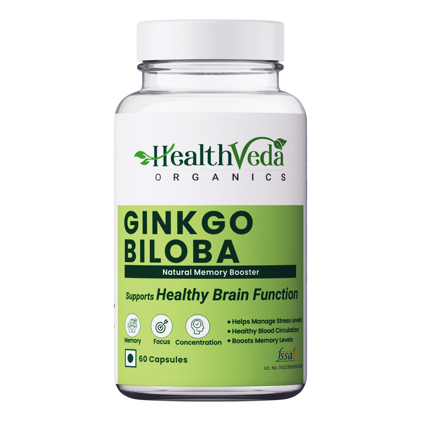 Health Veda Organics Ginkgo Biloba 120 mg | 60 Veg Capsules | Supports Better Concentration And Memory | For both Men & Women