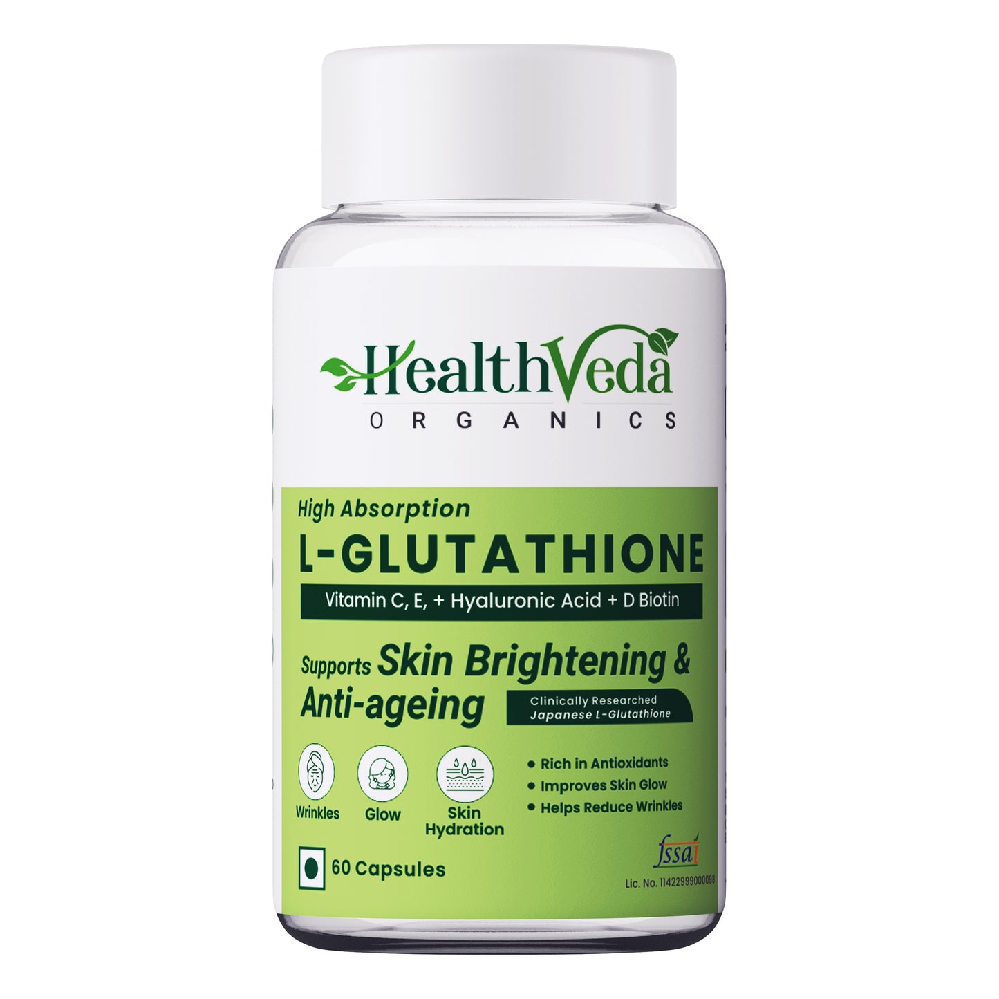 Health Veda Organics Plant Based L-Glutathione Builder | 60 Veg Capsules| Antioxidant Support for Anti-Ageing, Youthful & Brightening Skin | For Both Men & Women