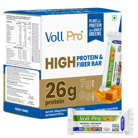 Voll Pro Plant Protein Bar With Daily Greens | Caramel Flavor Protein Bar | Sugar Free Bar With  26g Plant Protein and 7g Fiber | Each Bar of  65g | Pack of 6 Bars