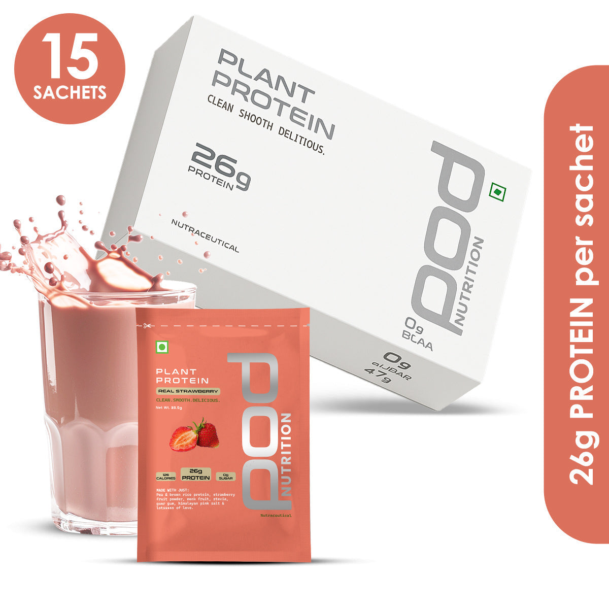 POD NUTRITION Pea Protein Isolate Powder | Vegan Plant Protein, No Added Sugar, Dairy Free| Clean & Easy to Digest with Essential Amino Acids (Real Strawberry Sachet Pack of 15)