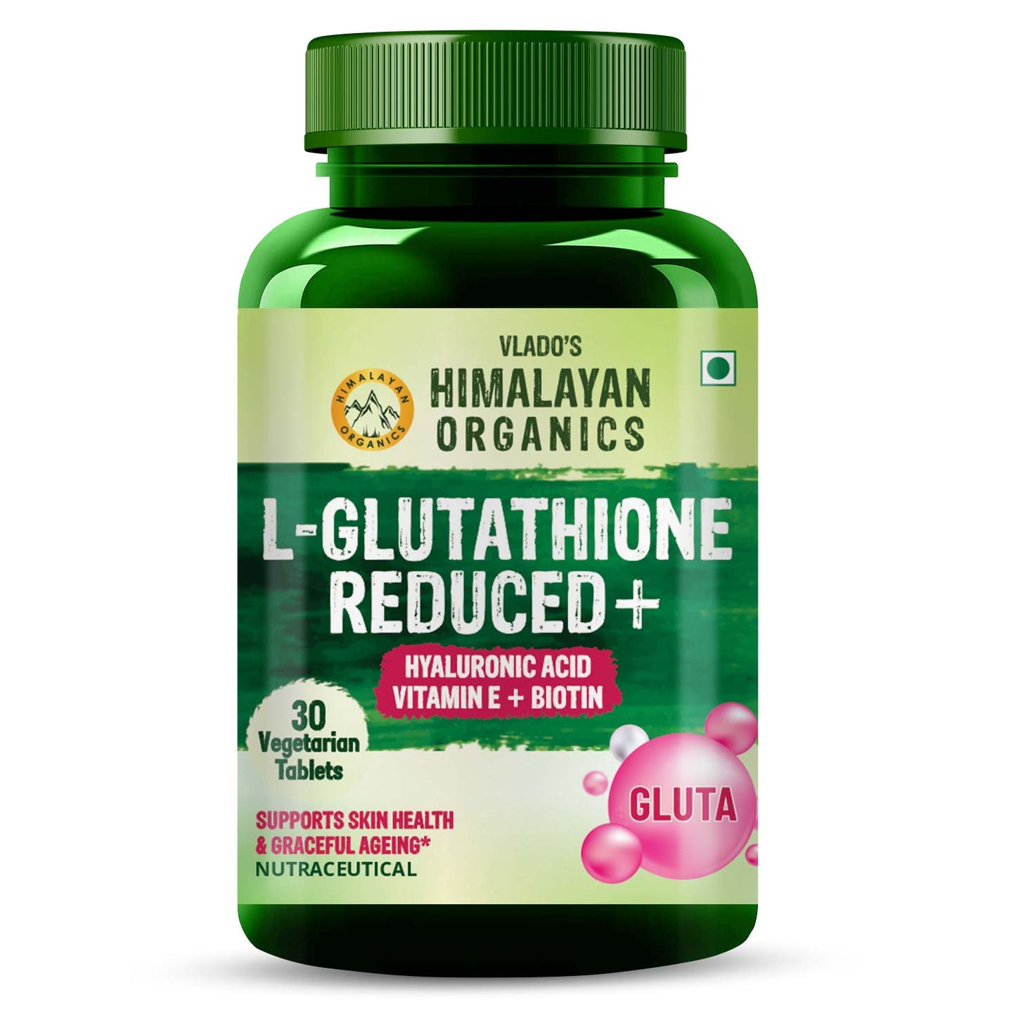 Vlado’s Himalayan Organics L-Glutathione Reduced with Hyaluronic Acid, Vitamin E & Biotin | 30 Veg Tablets