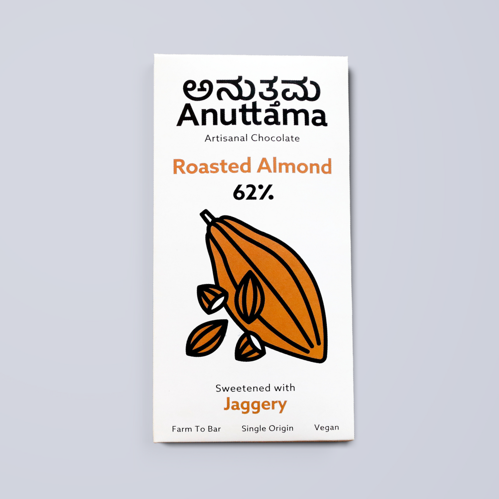 ANUTTAMA Dark Chocolate | 62% Cocoa | Handmade Chocolate | Jaggery Sweetened | No Artificial Flavours and Colors | Natural Chocolate Bar | Combo of Roasted Almonds & Plain Dark Chocolate (2 x 50g)