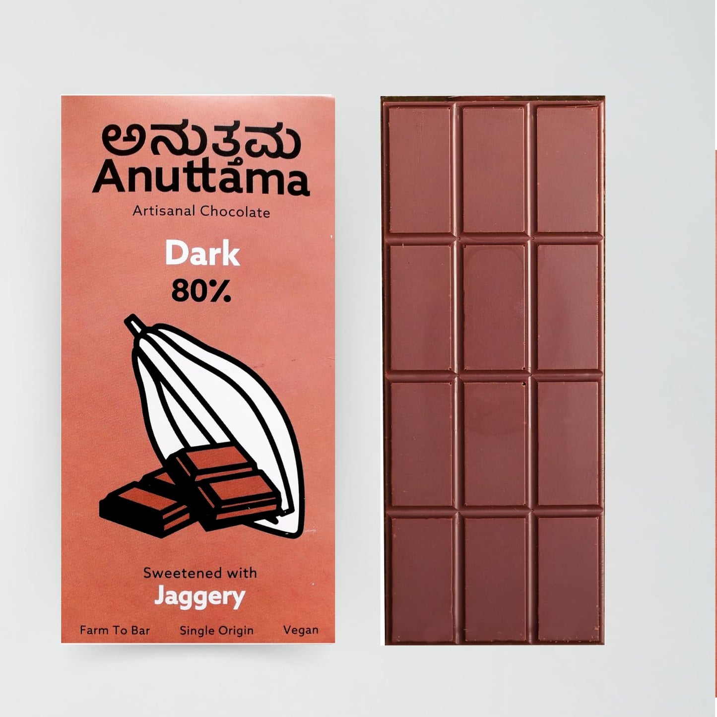 ANUTTAMA Dark Chocolate | 80% Cocoa | Natural Jaggery Sweetened | Dark Chocolate Bar | No Artificial Flavours and Colors | Natural Chocolate Bar ( 50g Pack of 1)