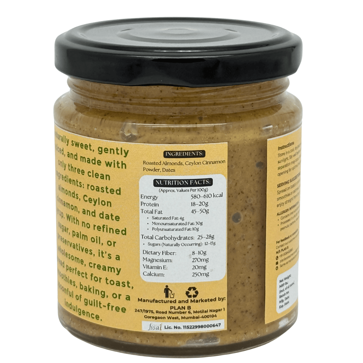 Plan B Cinnamon Almond Butter | Creamy, Spiced Vegan Nut Butter | No Added Sugar, Gluten-Free, High Protein | 100% Natural Roasted Almonds with Cinnamon | Dairy-Free Healthy Spread | 200g Jar