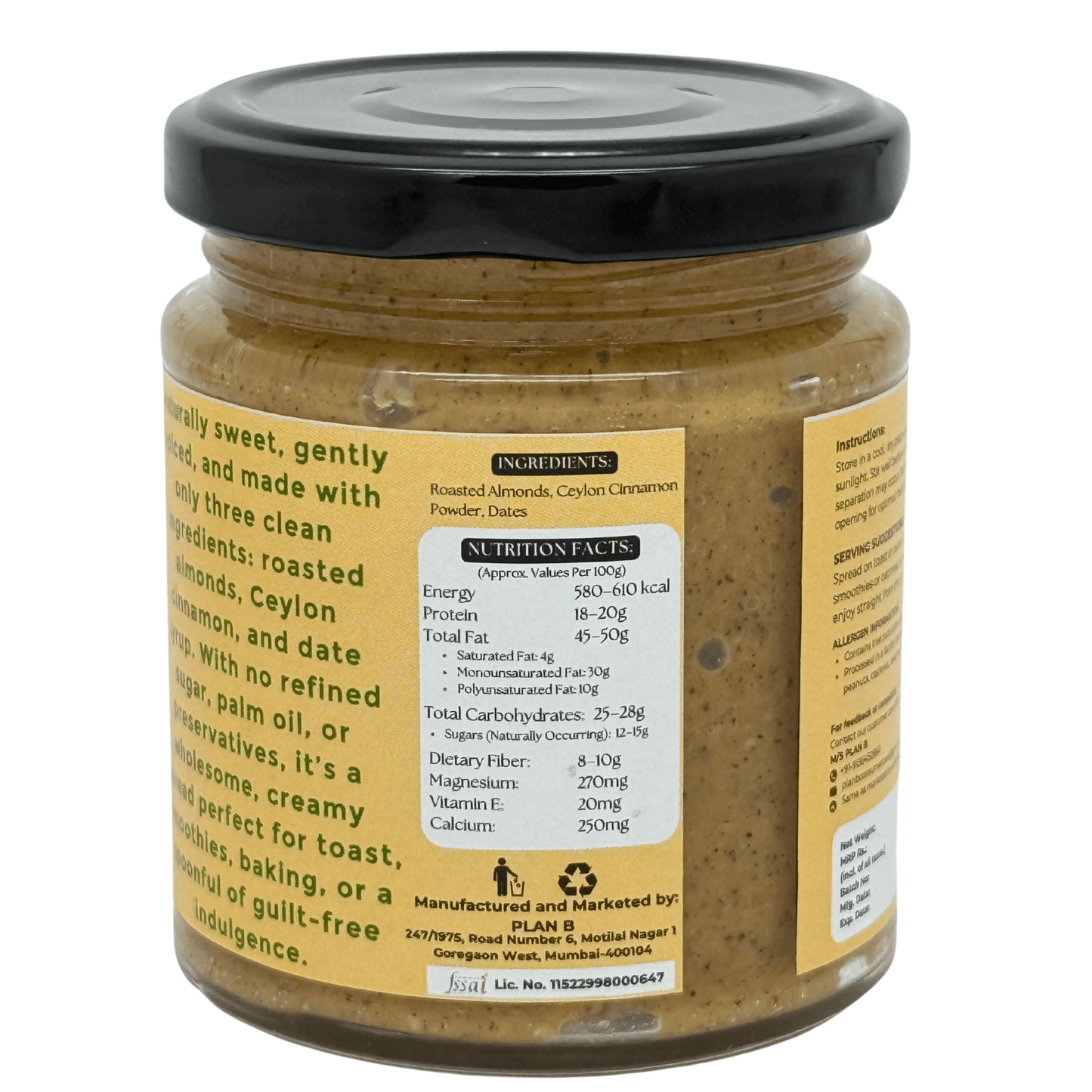 Plan B Cinnamon Almond Butter | Creamy, Spiced Vegan Nut Butter | No Added Sugar, Gluten-Free, High Protein | 100% Natural Roasted Almonds with Cinnamon | Dairy-Free Healthy Spread | 200g Jar