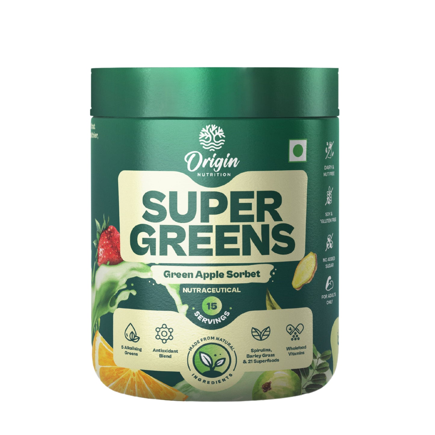 Origin Nutrition SuperGreens 100% Natural with 23 superfoods (120 g, Green Apple SorbetOrigin Nutrition Supergreens (Green apple flavour) 100% Natural Ingredients with 23 Superfoods & No Added Sugar for Daily Health, Digestion, Energy & Immunity