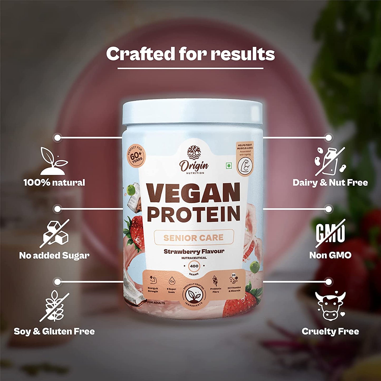 Origin Nutrition senior Care Vegan Plant Protein Powder 400g, Strawberry Flavour with 25g Plant Based Protein